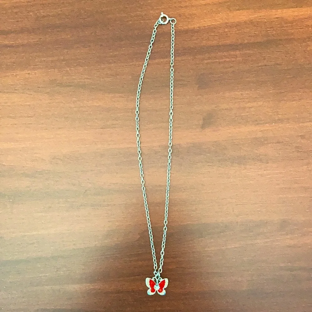 Silver and Red Butterfly Necklace